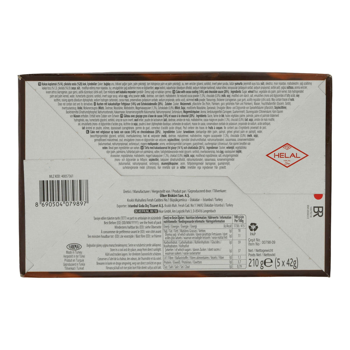 Schokoladenkuchen Ülker | Peki 8 Cake | Weich, mit Schokoladenstückchen | 5er Pack 210g UELKER