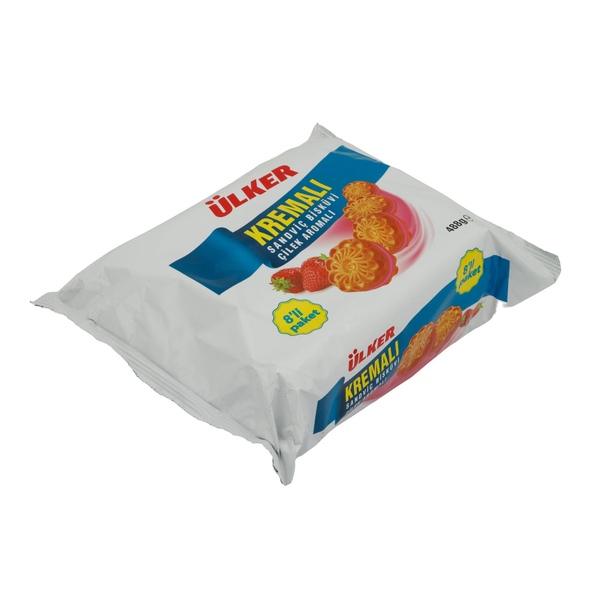 Kekse Ülker | Kremalı Erdbeer-Sandwichkekse | Knusprige Kekse mit fruchtiger Erdbeercreme | 8er Pack – 488 g UELKER