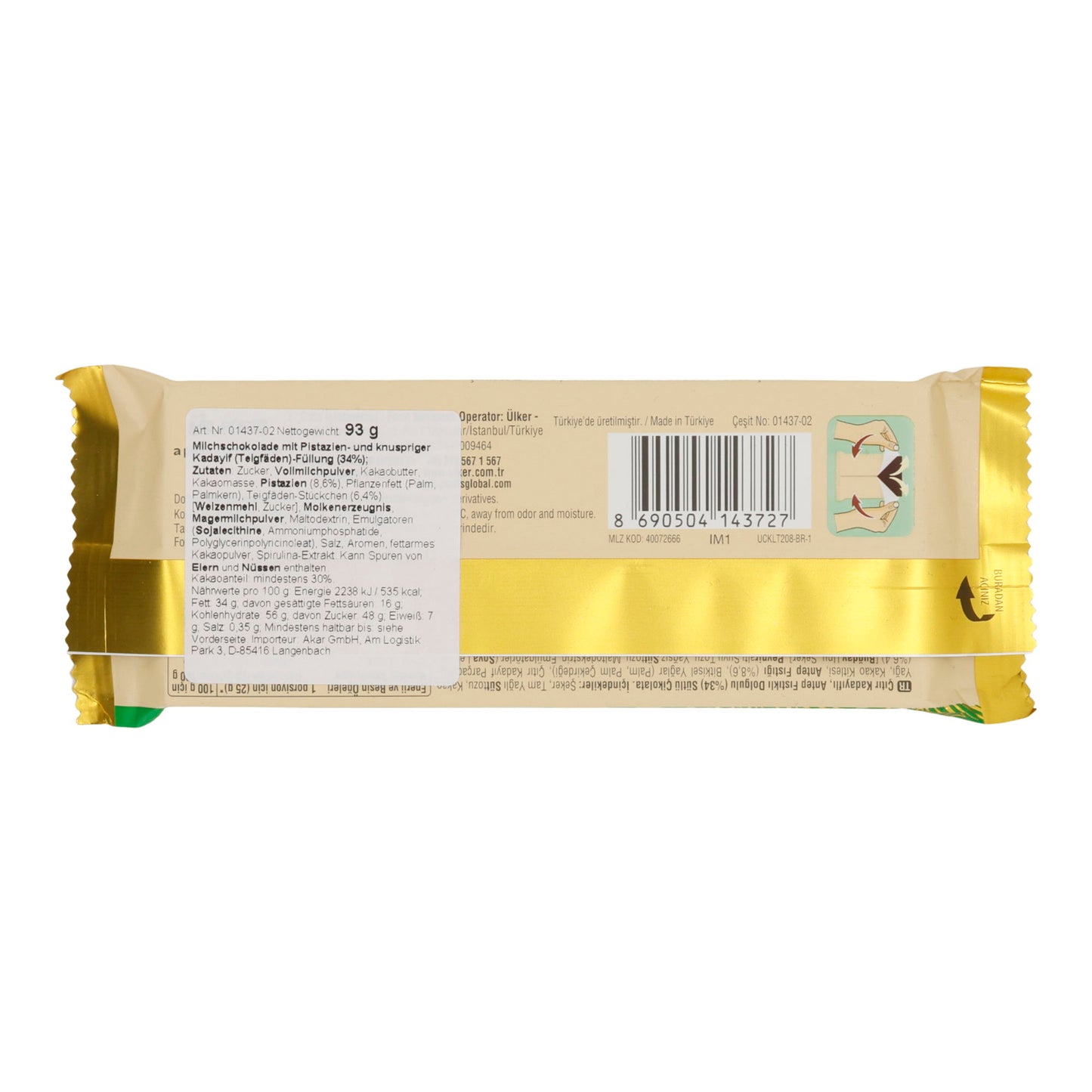 Milchschokolade Ülker | Mit Pistazien-Kadayif-Füllung | Knusprige Füllung mit feiner Nussnote | 93 g