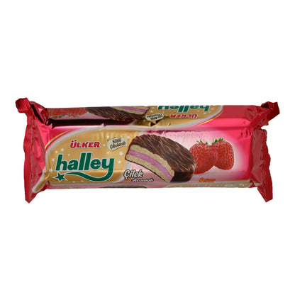 Marshmallow-Waffel Ülker Halley | Çilek Aromalı | Çilek aroması ile, sütlü çikolataya sarılmış | 240g