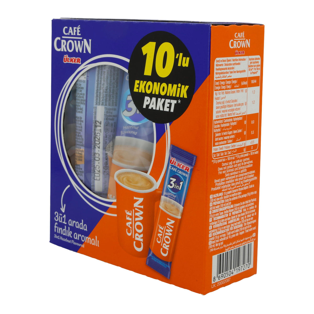 Instantkaffee Ülker | Café Crown 3in1 Haselnuss | Mit Milchpulver & Zucker, 10er Pack | 180 g UELKER