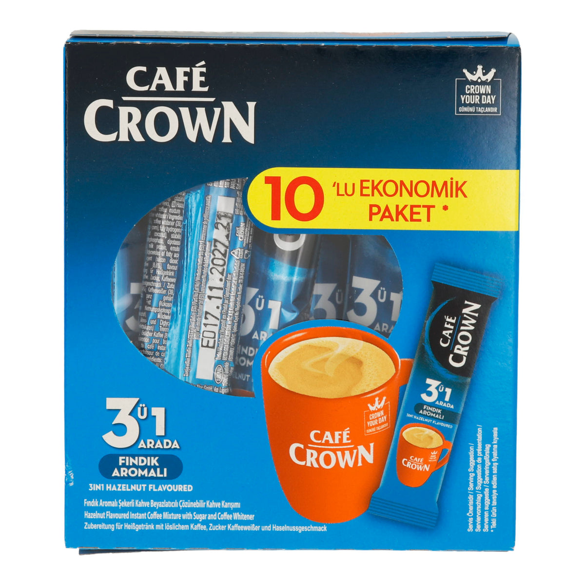 Instantkaffee Ülker | Café Crown 3in1 Haselnuss | Mit Milchpulver & Zucker, 10er Pack | 180 g