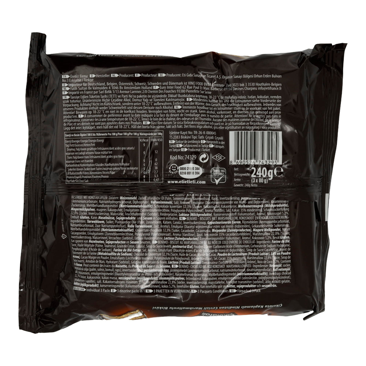 Keks Eti Benim'O | Gebäck | mit Schokoladenüberzug und Marshmallow | 240 g ETI