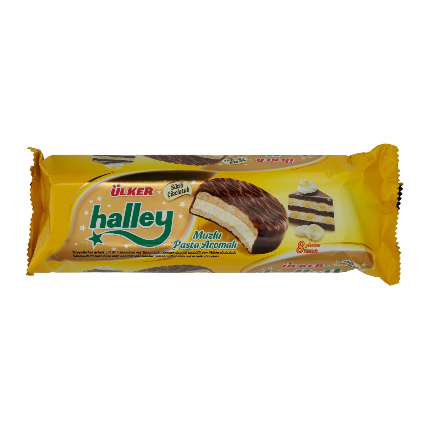 Biscotti Doppelkekse Ülker | Biscotti | Halley alla banana, con ripieno di marshmallow alla banana e cioccolato al latte, 8 pezzi 240g