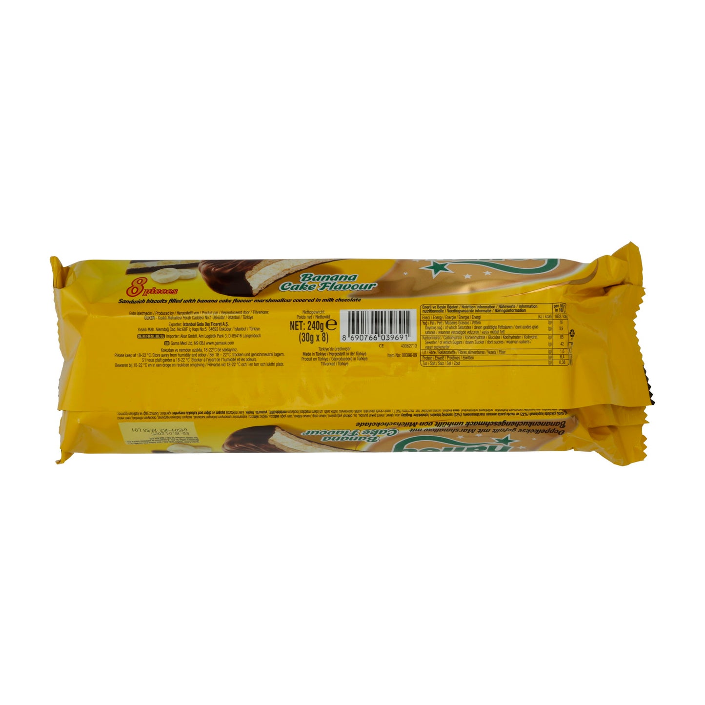 Biscotti Doppelkekse Ülker | Biscotti | Halley alla banana, con ripieno di marshmallow alla banana e cioccolato al latte, 8 pezzi 240g