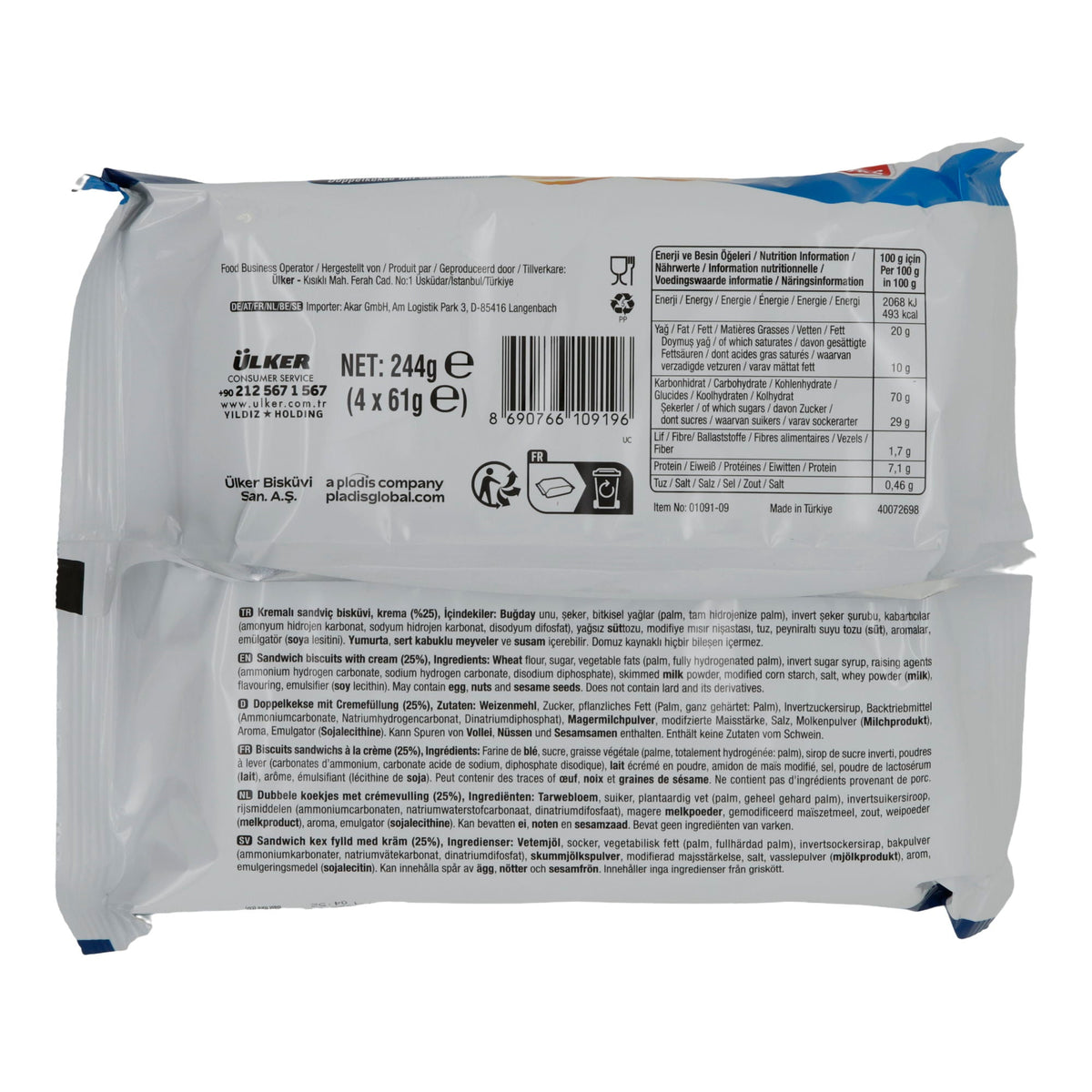 Doppelkekse Ülker | Kremalı | mit Cremefüllung | 4er-Pack à 61 g (244 g Gesamt) UELKER