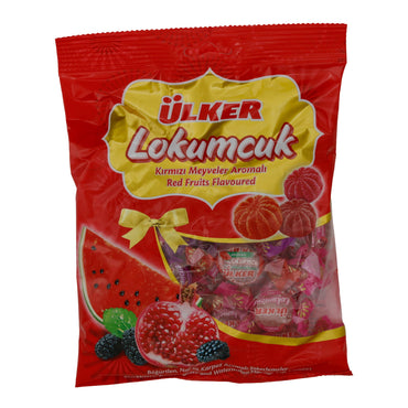 Bonbons Ülker Lokumcuk | Süßigkeit | mit rotem Fruchtgeschmack (Wassermelone, Granatapfel, Brombeer) | 225 g UELKER