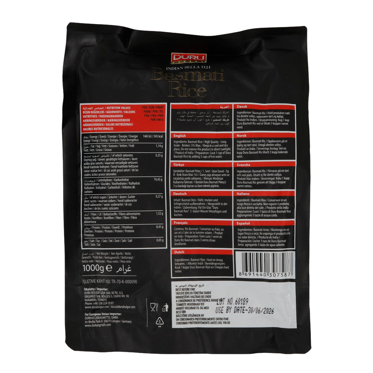 Reis Duru Basmati | Langkörnig | Indian Sella 1121 | 1000 g