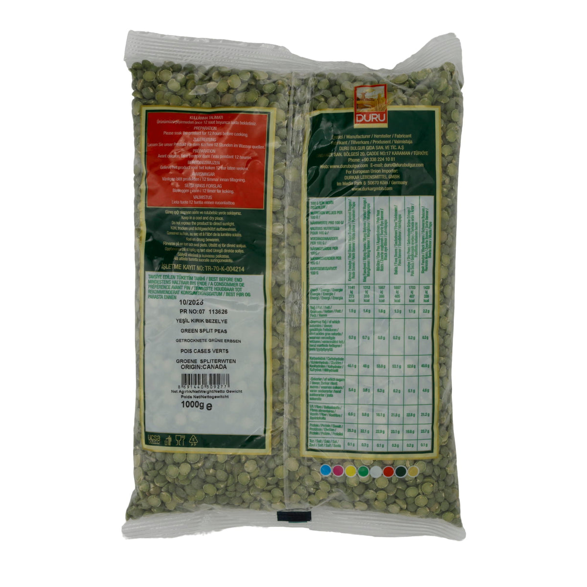 Erbsen Duru | Green Split Peas | Getrocknete grüne Erbsen | 1000 g