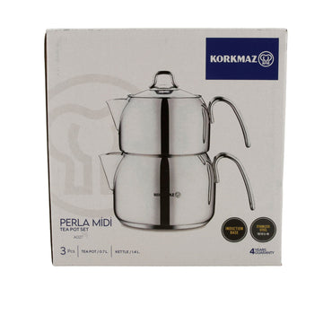 KORKMAZ Perla Midi Teekannen-Set 3-teilig (0,7 L + 1,4 L) – Edelstahl, induktionsgeeignet Korkmaz