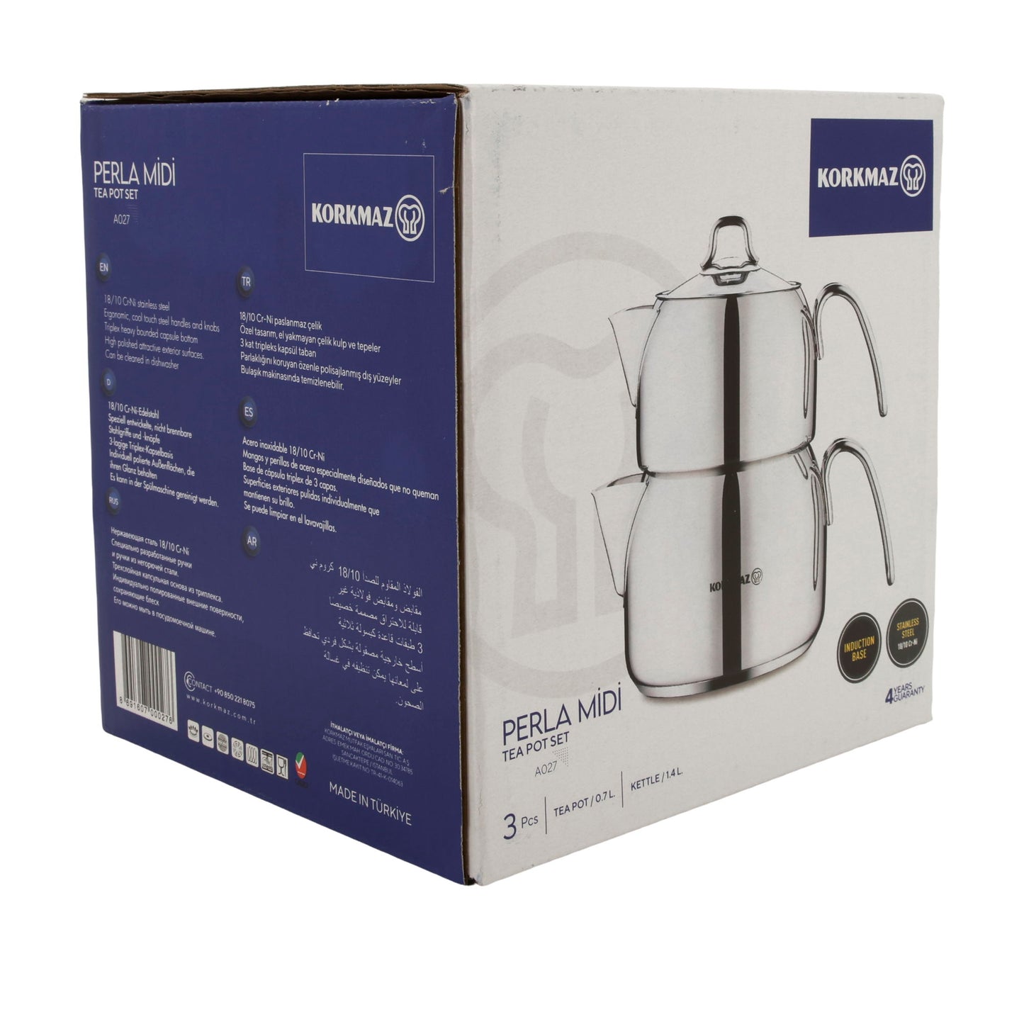KORKMAZ Perla Midi Teekannen-Set 3-teilig (0,7 L + 1,4 L) – Edelstahl, induktionsgeeignet