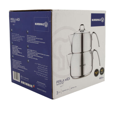 KORKMAZ Perla Midi Teekannen-Set 3-teilig (0,7 L + 1,4 L) – Edelstahl, induktionsgeeignet