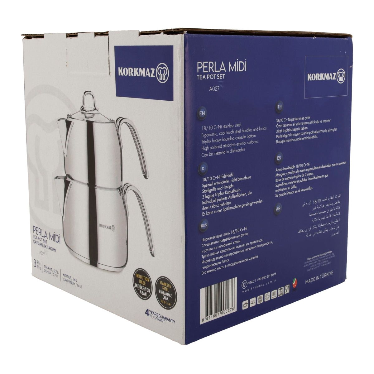 KORKMAZ Perla Midi Teekannen-Set 3-teilig (0,7 L + 1,4 L) – Edelstahl, induktionsgeeignet Korkmaz