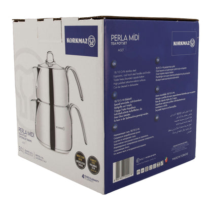 KORKMAZ Perla Midi Teekannen-Set 3-teilig (0,7 L + 1,4 L) – Edelstahl, induktionsgeeignet