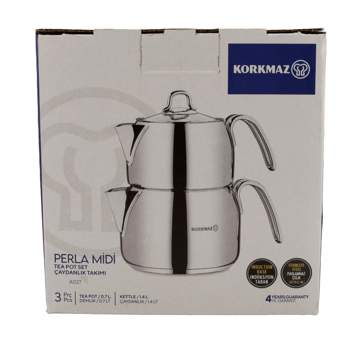 KORKMAZ Perla Midi Teekannen-Set 3-teilig (0,7 L + 1,4 L) – Edelstahl, induktionsgeeignet Korkmaz