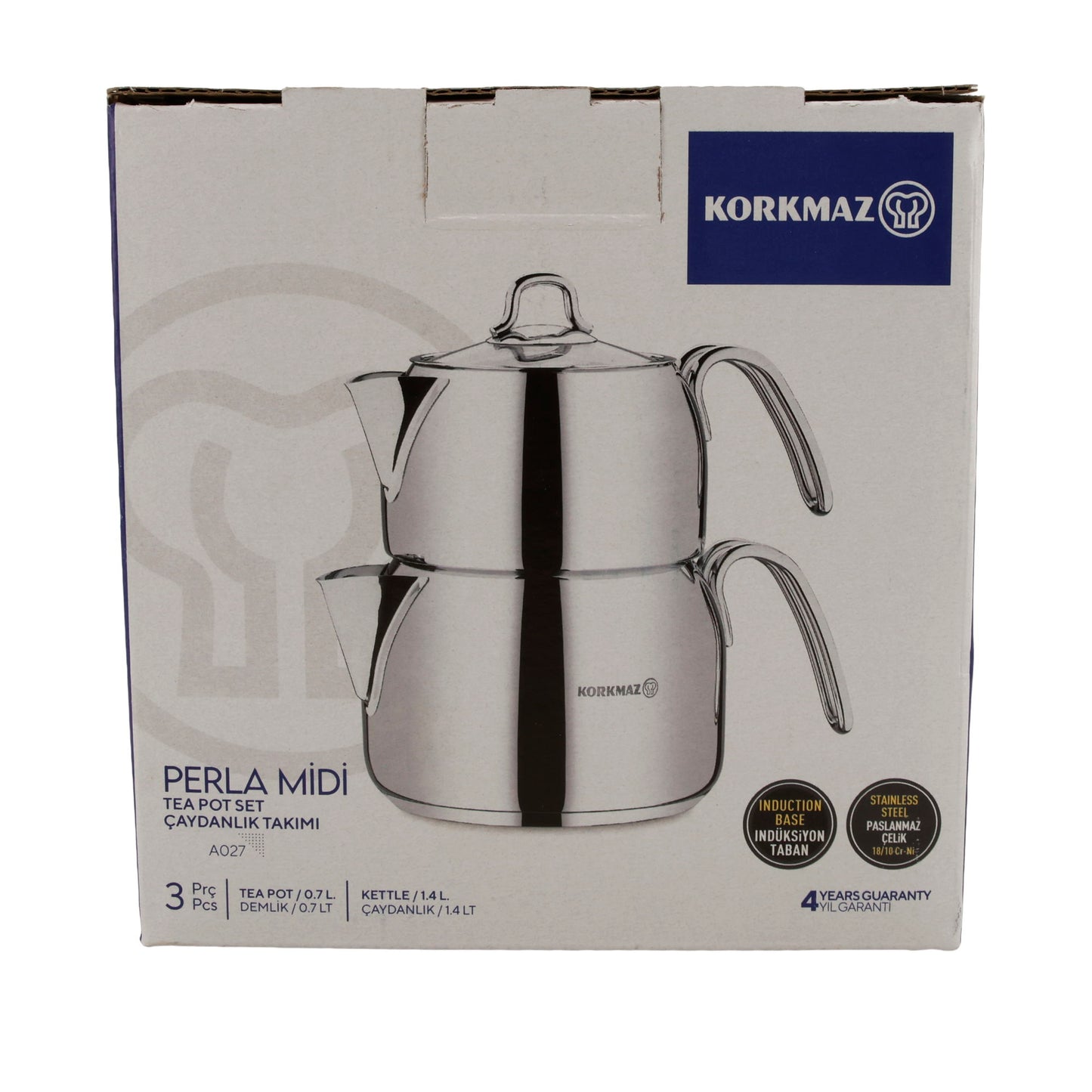 KORKMAZ Perla Midi Teekannen-Set 3-teilig (0,7 L + 1,4 L) – Edelstahl, induktionsgeeignet