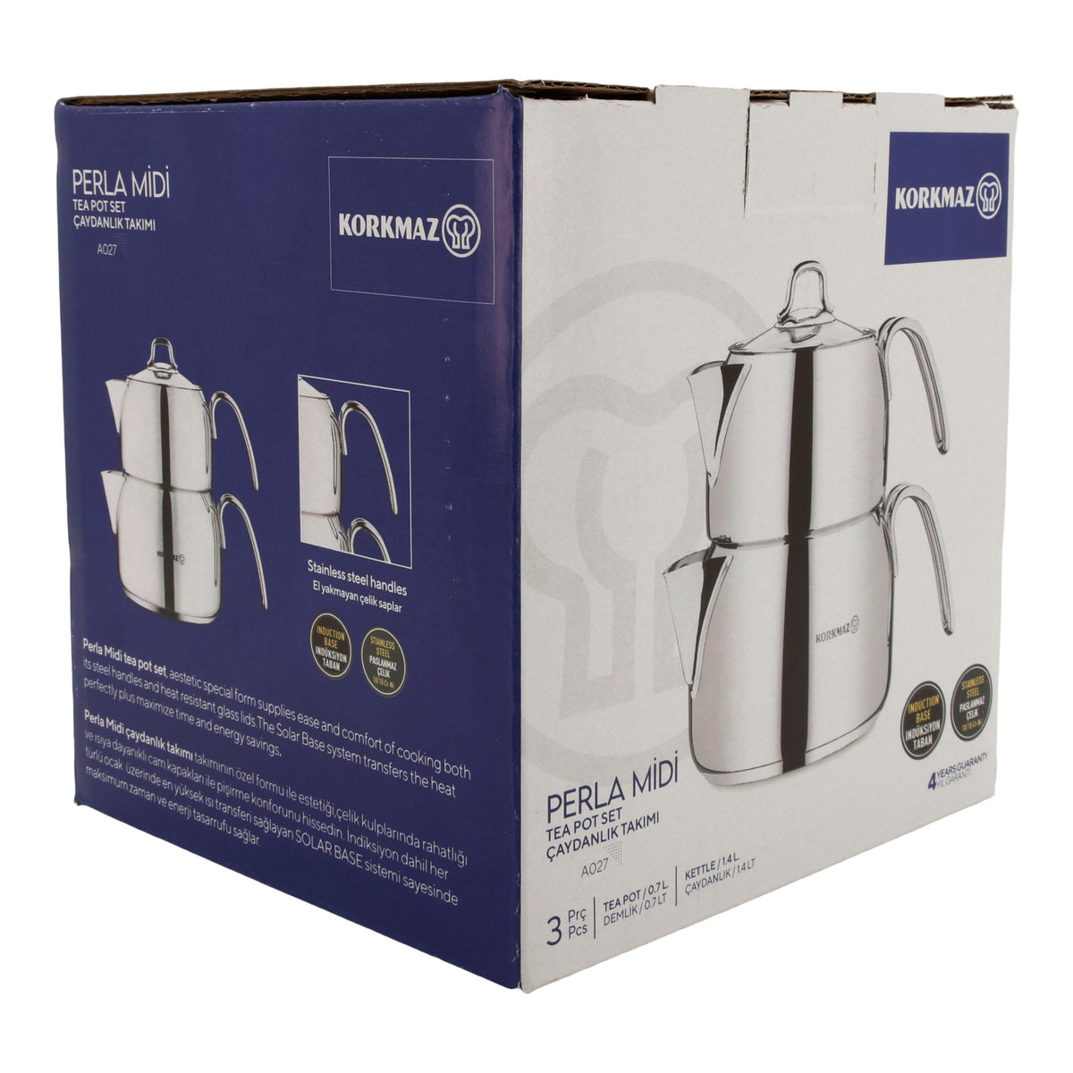 KORKMAZ Perla Midi Teekannen-Set 3-teilig (0,7 L + 1,4 L) – Edelstahl, induktionsgeeignet Korkmaz
