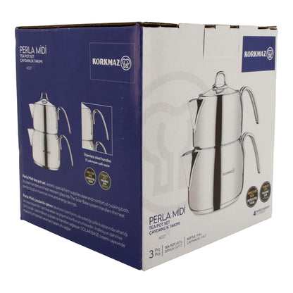 KORKMAZ Perla Midi Teekannen-Set 3-teilig (0,7 L + 1,4 L) – Edelstahl, induktionsgeeignet