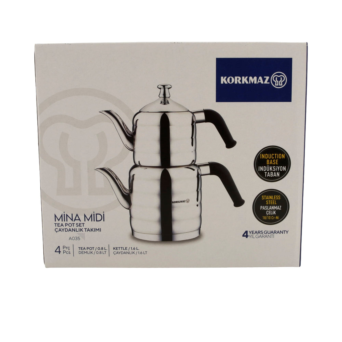 Korkmaz Mina Midi Teekannen-Set A035 | 18/10 Edelstahl | Induktionsgeeignet | 4-teilig (0,8 L + 1,6 L)