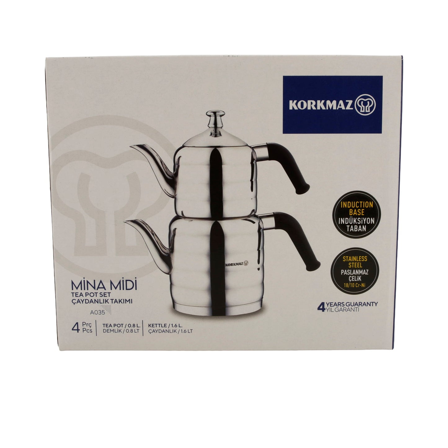 Korkmaz Mina Midi Teekannen-Set A035 | 18/10 Edelstahl | Induktionsgeeignet | 4-teilig (0,8 L + 1,6 L)