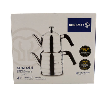 Korkmaz Mina Midi Teekannen-Set A035 | 18/10 Edelstahl | Induktionsgeeignet | 4-teilig (0,8 L + 1,6 L)
