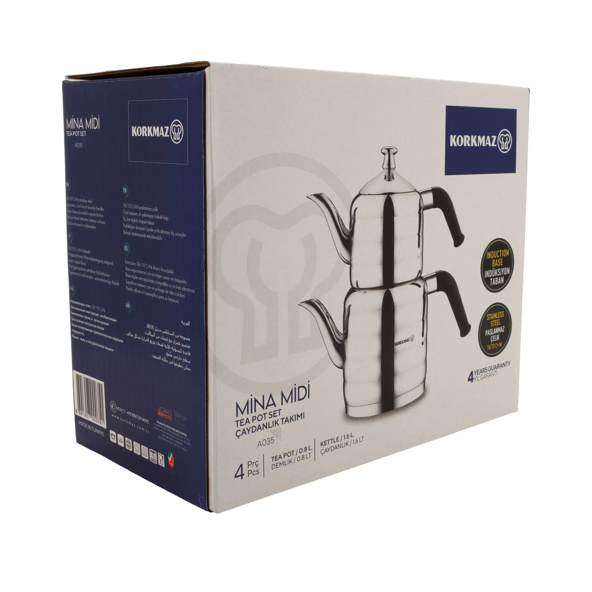 Korkmaz Mina Midi Teekannen-Set A035 | 18/10 Edelstahl | Induktionsgeeignet | 4-teilig (0,8 L + 1,6 L) Korkmaz