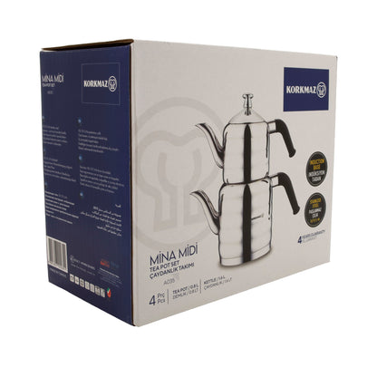 Korkmaz Mina Midi Teekannen-Set A035 | 18/10 Edelstahl | Induktionsgeeignet | 4-teilig (0,8 L + 1,6 L)