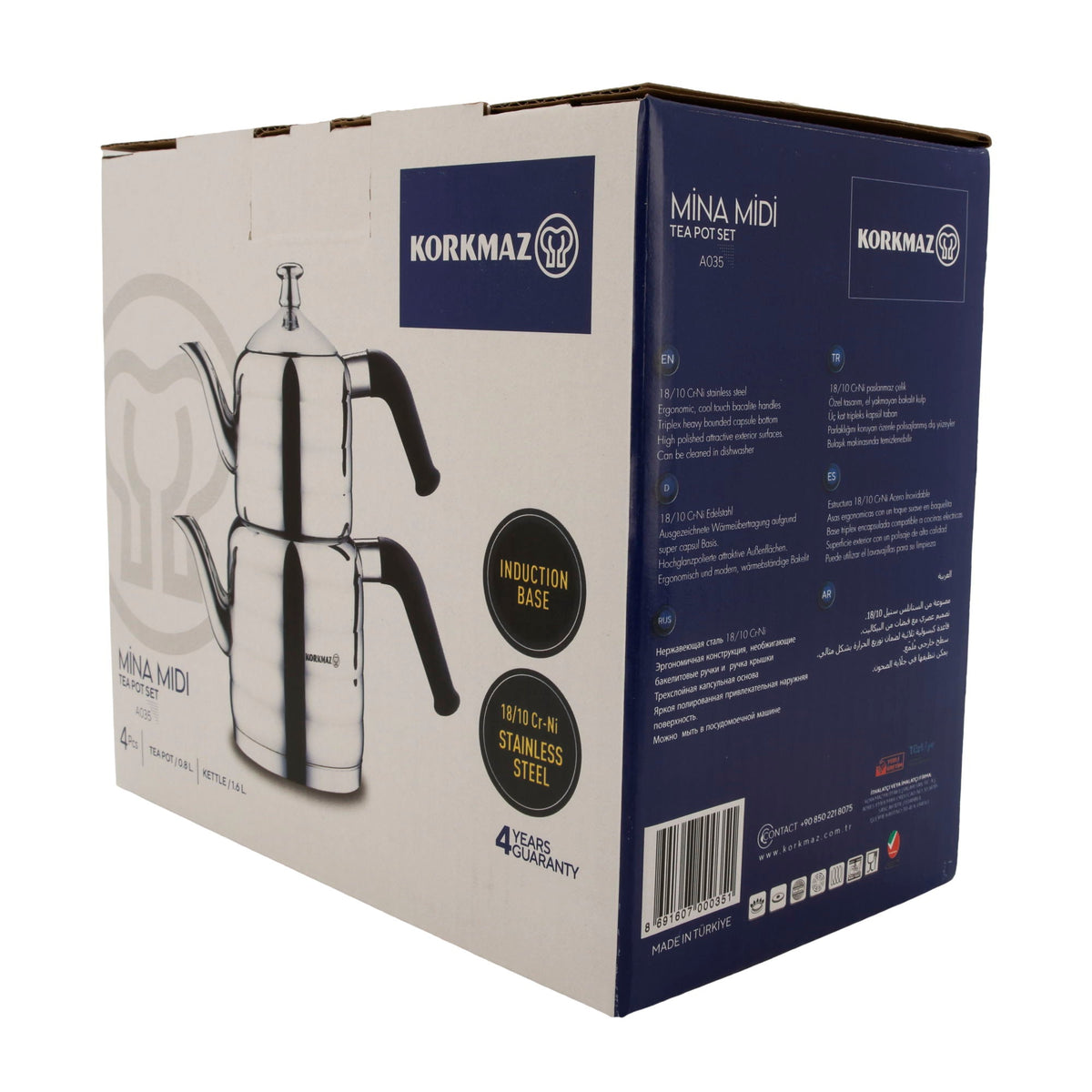 Korkmaz Mina Midi Teekannen-Set A035 | 18/10 Edelstahl | Induktionsgeeignet | 4-teilig (0,8 L + 1,6 L) Korkmaz