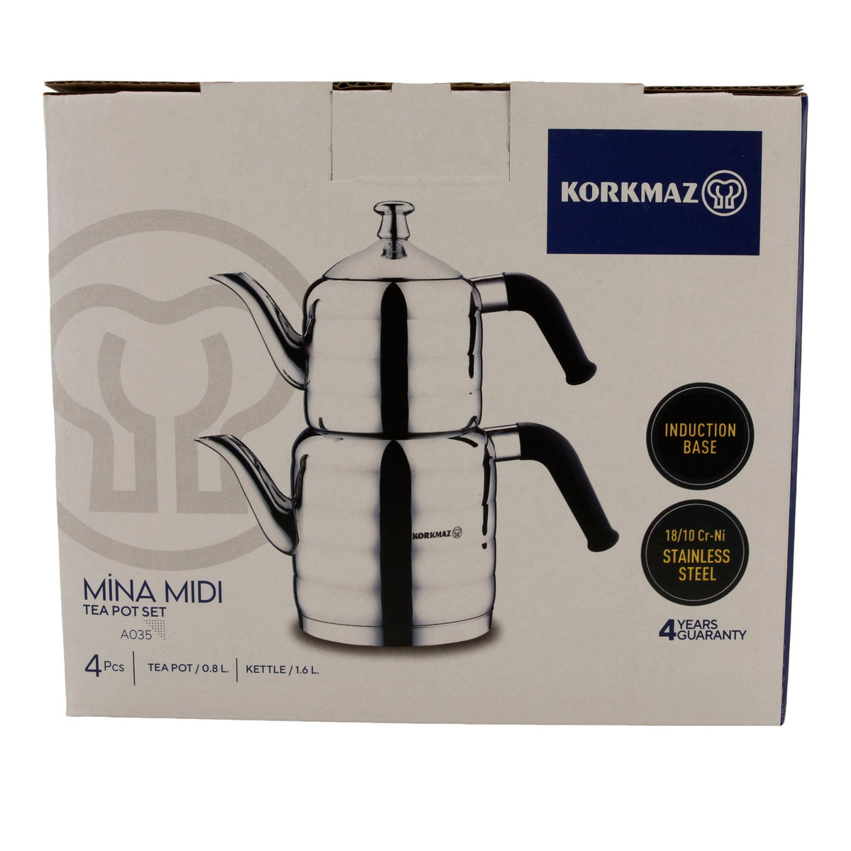 Korkmaz Mina Midi Teekannen-Set A035 | 18/10 Edelstahl | Induktionsgeeignet | 4-teilig (0,8 L + 1,6 L) Korkmaz