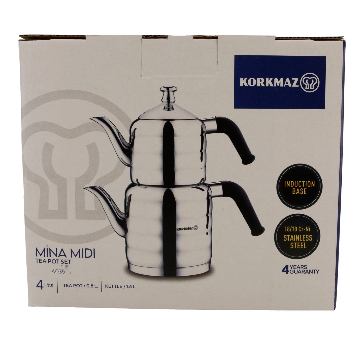 Korkmaz Mina Midi Teekannen-Set A035 | 18/10 Edelstahl | Induktionsgeeignet | 4-teilig (0,8 L + 1,6 L)