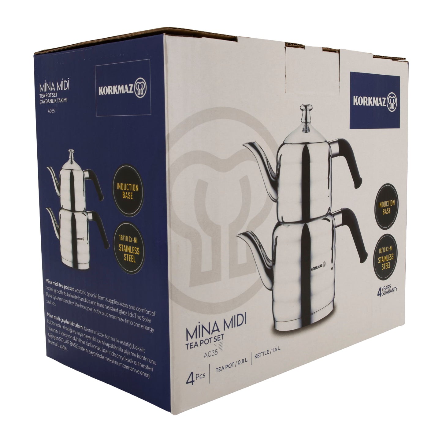 Korkmaz Mina Midi Teekannen-Set A035 | 18/10 Edelstahl | Induktionsgeeignet | 4-teilig (0,8 L + 1,6 L)