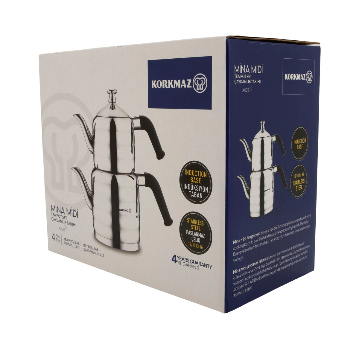 Korkmaz Mina Midi Teekannen-Set A035 | 18/10 Edelstahl | Induktionsgeeignet | 4-teilig (0,8 L + 1,6 L) Korkmaz