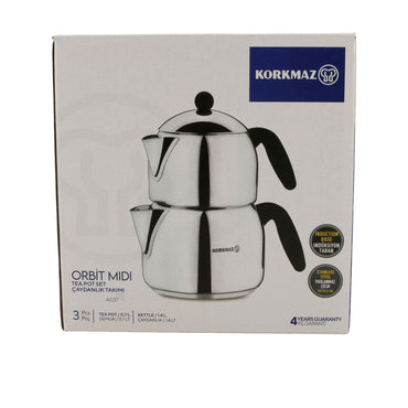 Korkmaz Orbit Midi Teekannen-Set – 3-teilig (0,7 L & 1,4 L) Edelstahl 18/10 Korkmaz
