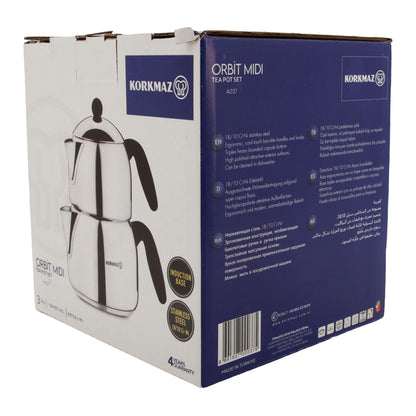 Korkmaz Orbit Midi Teekannen-Set – 3-teilig (0,7 L & 1,4 L) Edelstahl 18/10