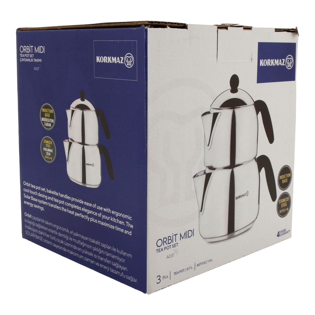 Korkmaz Orbit Midi Teekannen-Set – 3-teilig (0,7 L & 1,4 L) Edelstahl 18/10 Korkmaz