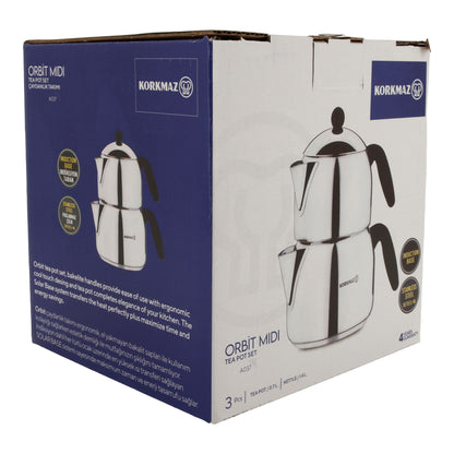 Korkmaz Orbit Midi Teekannen-Set – 3-teilig (0,7 L & 1,4 L) Edelstahl 18/10