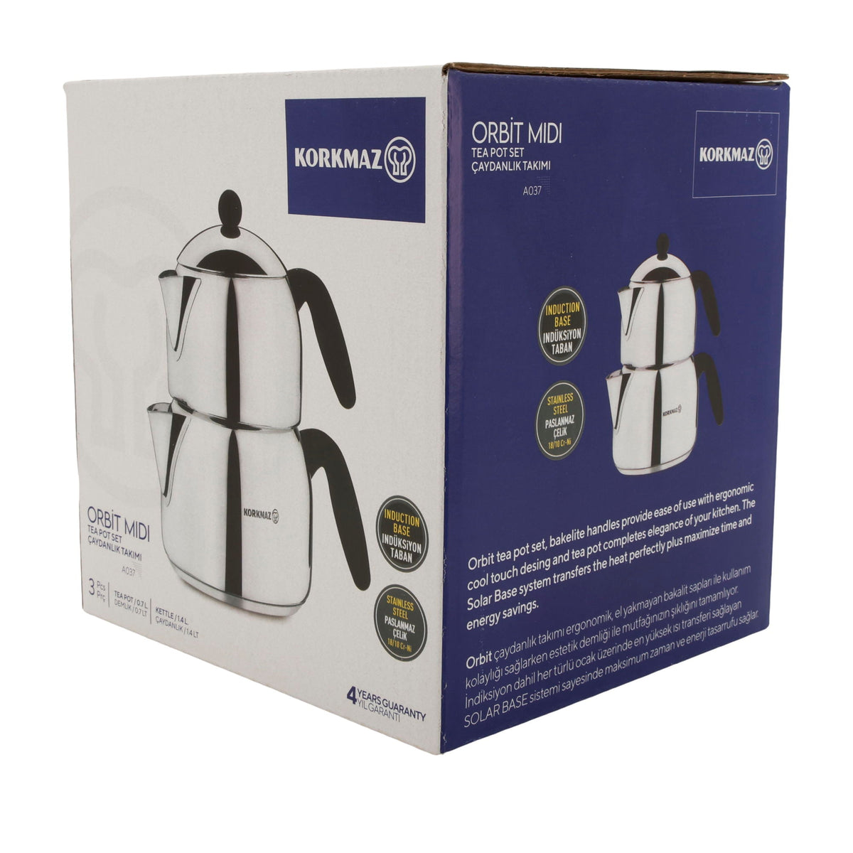Korkmaz Orbit Midi Teekannen-Set – 3-teilig (0,7 L & 1,4 L) Edelstahl 18/10 Korkmaz