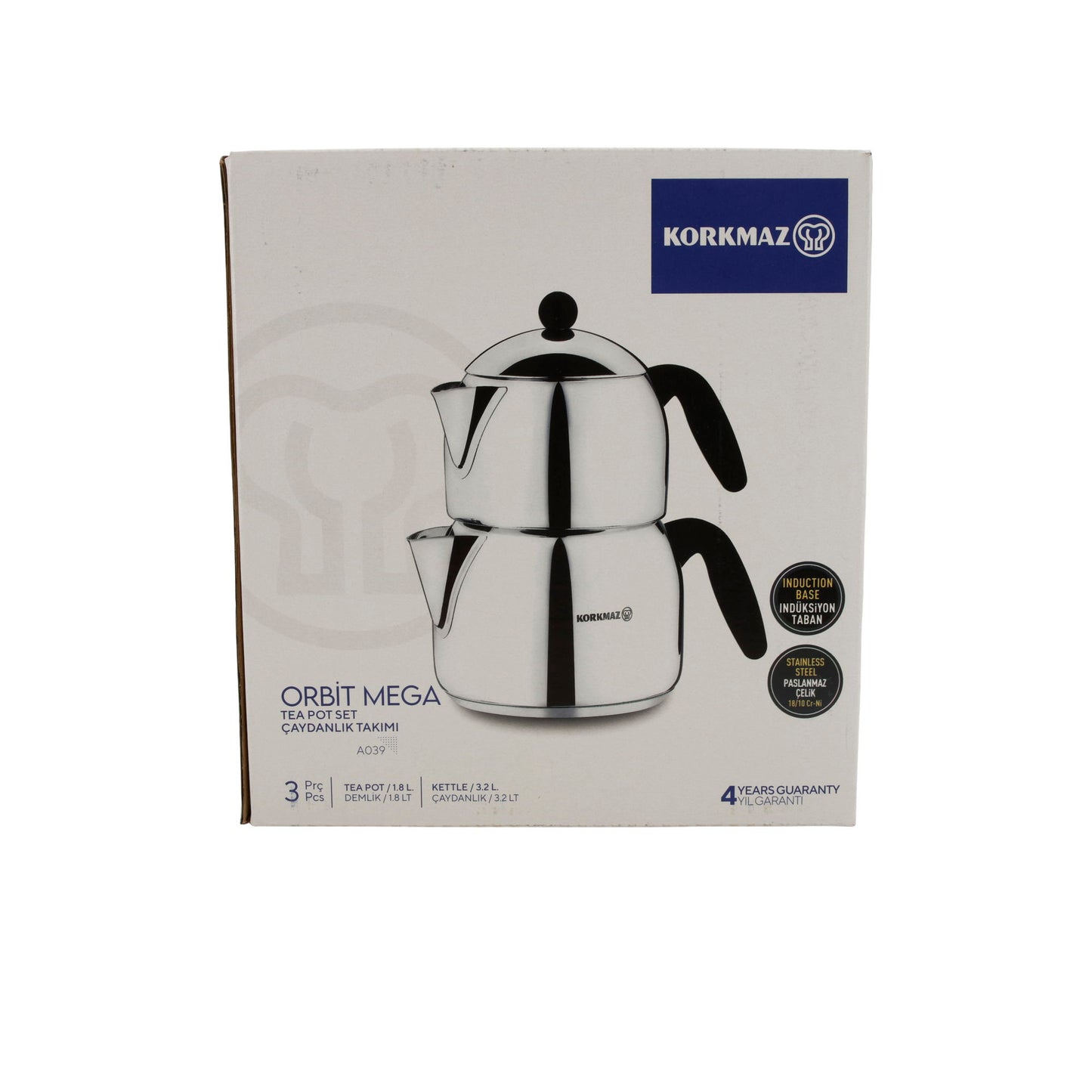 Korkmaz Orbit Mega Teekannen-Set A039 | 18/10 Edelstahl | Induktionsgeeignet | 3-teilig (1,8 L + 3,2 L)