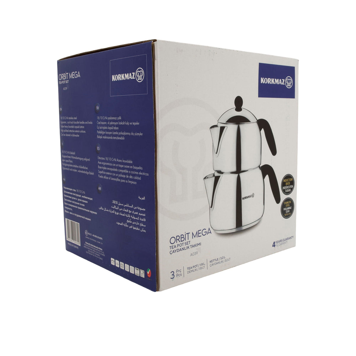 Korkmaz Orbit Mega Teekannen-Set A039 | 18/10 Edelstahl | Induktionsgeeignet | 3-teilig (1,8 L + 3,2 L) Korkmaz