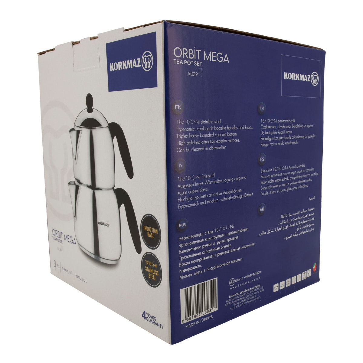 Korkmaz Orbit Mega Teekannen-Set A039 | 18/10 Edelstahl | Induktionsgeeignet | 3-teilig (1,8 L + 3,2 L) Korkmaz
