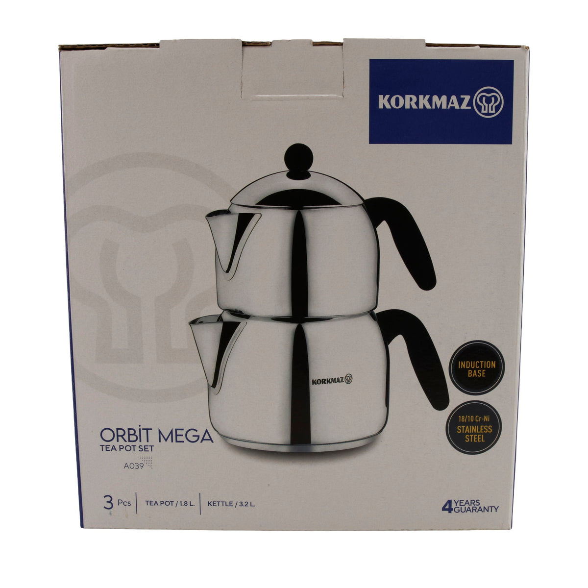Korkmaz Orbit Mega Teekannen-Set A039 | 18/10 Edelstahl | Induktionsgeeignet | 3-teilig (1,8 L + 3,2 L) Korkmaz