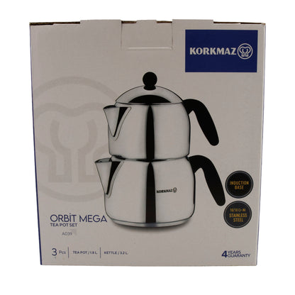 Korkmaz Orbit Mega Teekannen-Set A039 | 18/10 Edelstahl | Induktionsgeeignet | 3-teilig (1,8 L + 3,2 L)