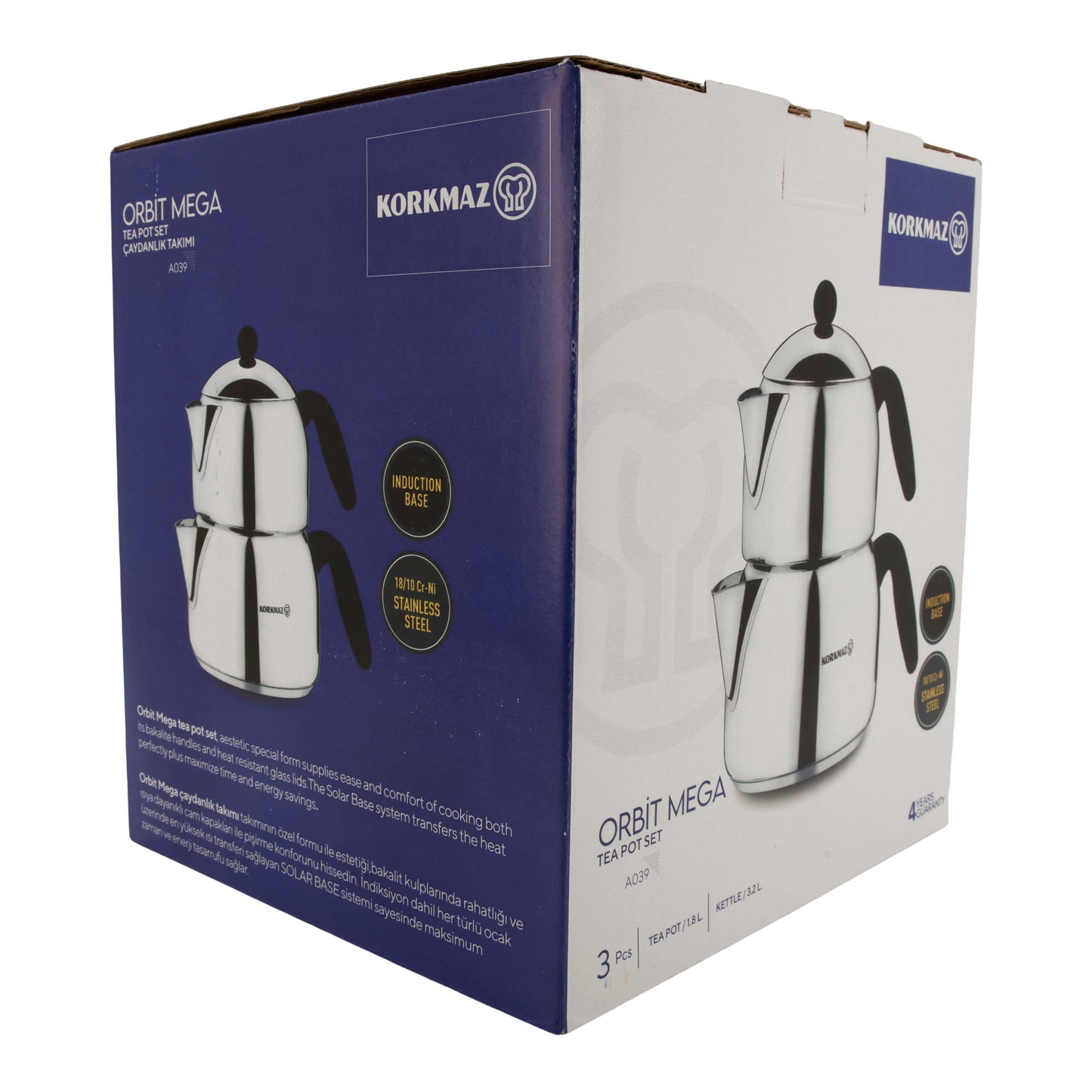 Korkmaz Orbit Mega Teekannen-Set A039 | 18/10 Edelstahl | Induktionsgeeignet | 3-teilig (1,8 L + 3,2 L)