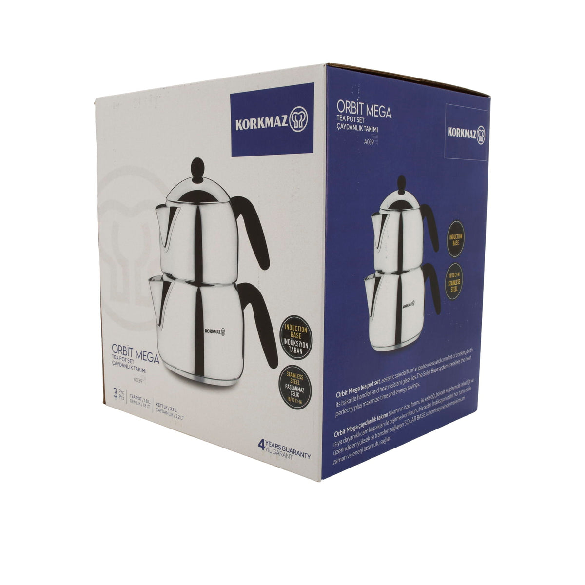 Korkmaz Orbit Mega Teekannen-Set A039 | 18/10 Edelstahl | Induktionsgeeignet | 3-teilig (1,8 L + 3,2 L) Korkmaz