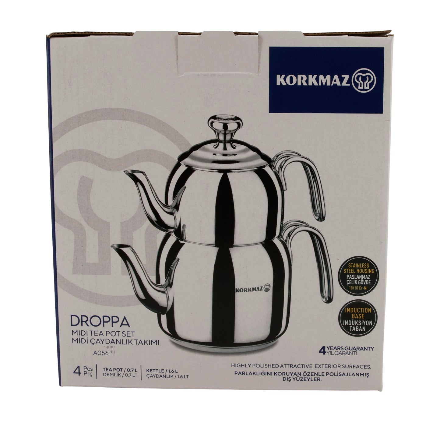 Korkmaz Droppa Midi Tea Pot Set | Teekanne | Edelstahl | 1,6 L + 0,7 L