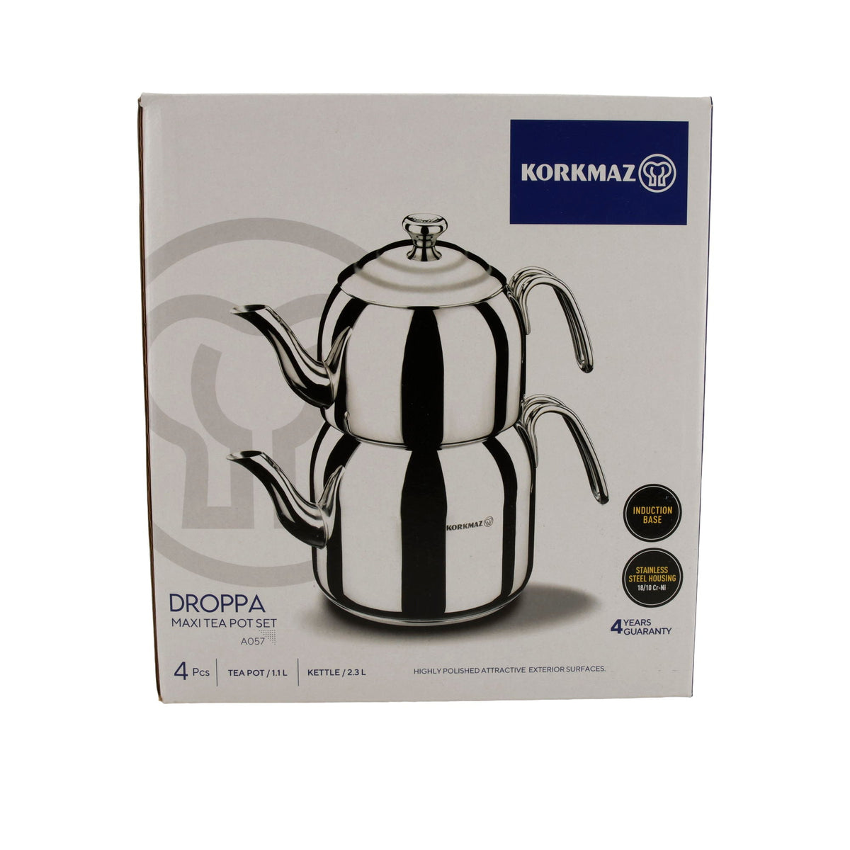 Korkmaz Droppa Maxi Tea Pot Set | Edelstahl 18/10 | Induktionsgeeignet | 2,3 L + 1,1 L Korkmaz