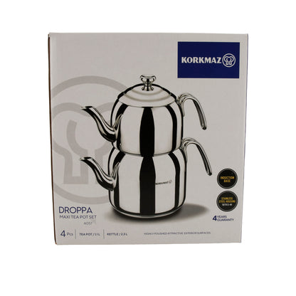 Korkmaz Droppa Maxi Tea Pot Set | Edelstahl 18/10 | Induktionsgeeignet | 2,3 L + 1,1 L