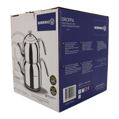 Korkmaz Droppa Maxi Tea Pot Set | Edelstahl 18/10 | Induktionsgeeignet | 2,3 L + 1,1 L