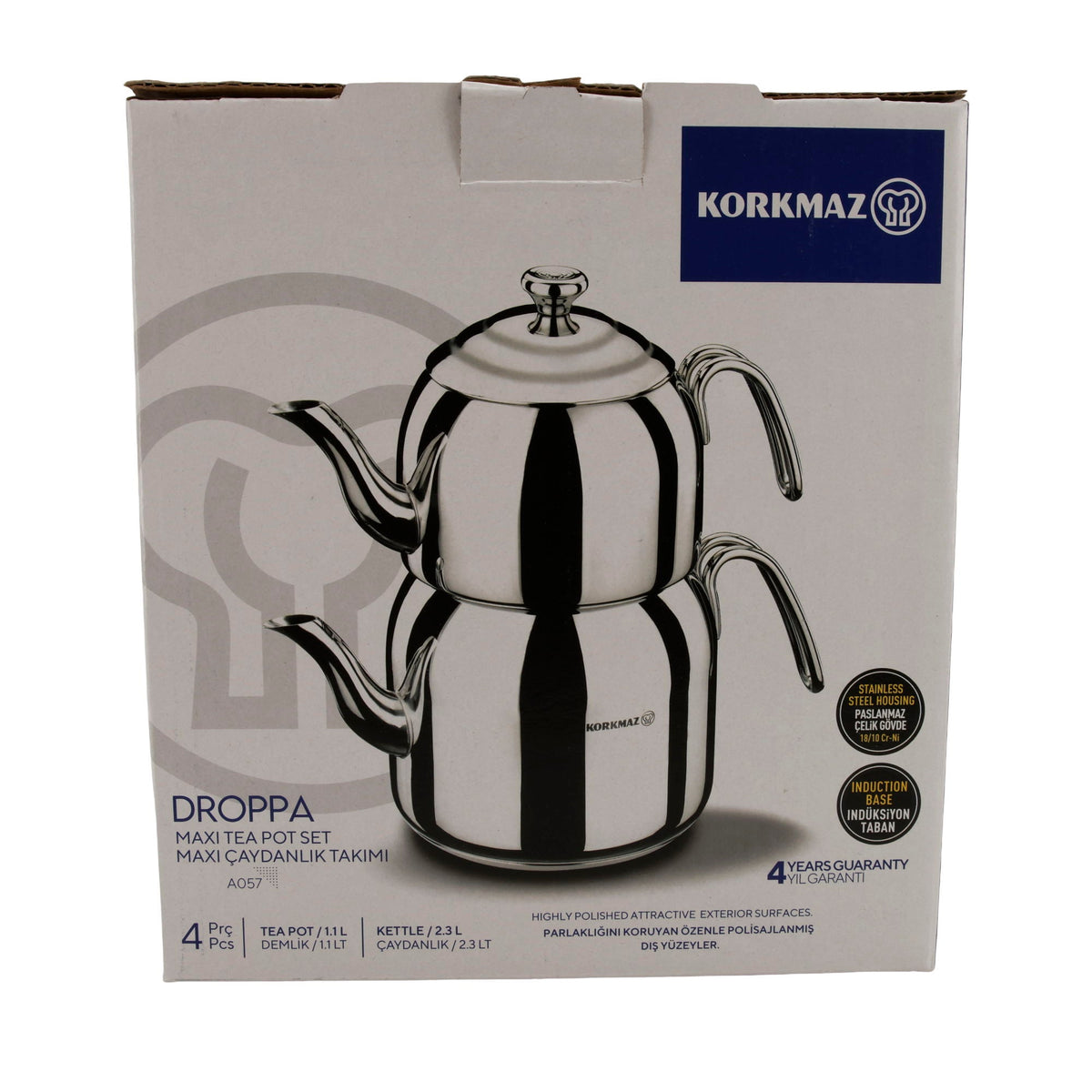 Korkmaz Droppa Maxi Tea Pot Set | Edelstahl 18/10 | Induktionsgeeignet | 2,3 L + 1,1 L Korkmaz