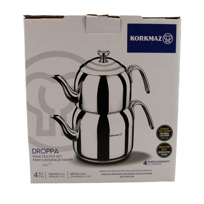 Korkmaz Droppa Maxi Tea Pot Set | Edelstahl 18/10 | Induktionsgeeignet | 2,3 L + 1,1 L